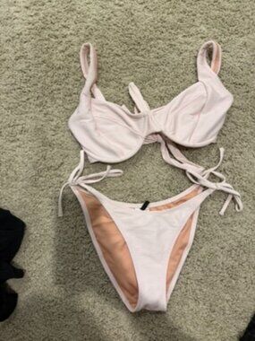 J.Crew Womens Small bottom 32dd top Pink Ribbed String Bikini Bottom size S